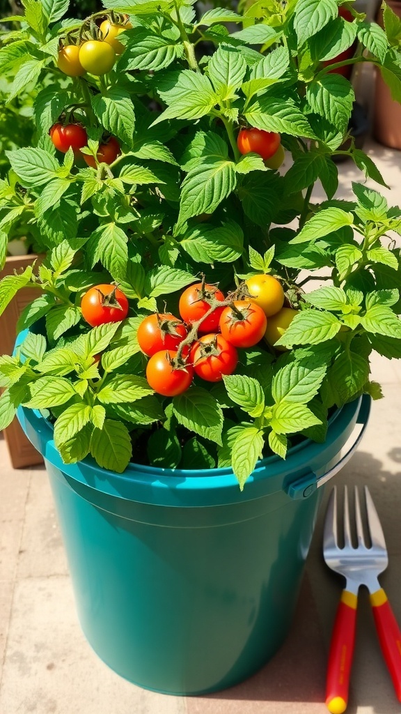 A 5-gallon bucket with thriving tomato plants and ripe tomatoes on a sunny patio.